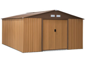Outsunny Gerätehaus kaufen, 340 x 386 x 200 cm, mit Bodenplatte, Geräteschuppen, Gartenhaus, Garten Schuppen, Metall, Braun | Aosom