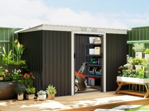 Outsunny Gerätehaus, Gartenhaus, Geräteschuppen mit Schiebetür, Lüftungsfenster, Pultdach, Outdoor, Stahl, Dunkelgrau, 280 x 130 x 172 cm | Aosom