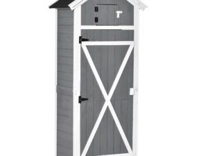 Outsunny Gartenschrank mit Tür und Dach, Geräteschuppen aus Holz, grau, 78x52,5x182cm, ideal für Gartenlagerung & faltbaren Tisch | Aosom.de