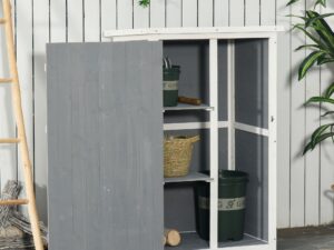 Outsunny Gartenhaus Gerätehaus Regalböden Tanne Schwarz+Grau+Weiß 75x56x115cm | Aosom