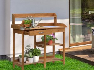 Outsunny Pflanztisch Gärtnertisch mit Wanne aus Tannenholz H112cm für Gartenarbeit & Pflanzenpflege, stabil & wetterfest | Aosom.de