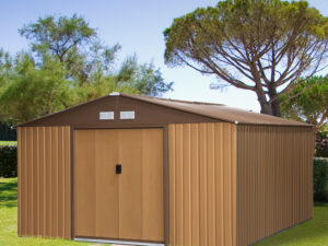 Outsunny Gerätehaus kaufen, 340 x 386 x 200 cm, mit Bodenplatte, Geräteschuppen, Gartenhaus, Garten Schuppen, Metall, Braun | Aosom