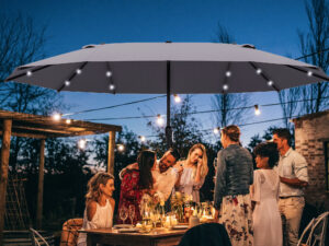 Outsunny Sonnenschirm 440 x 260 cm mit LED Beleuchtung, Doppelsonnenschirm mit Handkurbel, ovaler Terrassenschirm aus Metall, dunkelgrau | Aosom.de